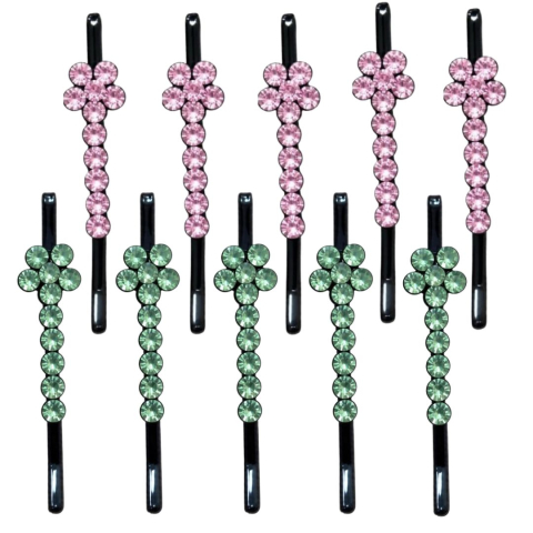 CASA & GRADINA - Agrafe par roz si verde deschis 5 x 1 cm cu pietre artificiale, set 10, 5 roz si 5 verde deschis, model floral pentru coc, suvite si coafuri elegante