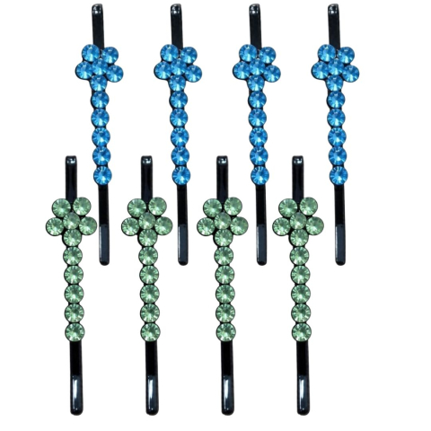CASA & GRADINA - Agrafe verde deschis si albastru 5 x 1 cm pentru par, set 8, 4 verde deschis si 4 albastru, cu pietre artificiale, decor floral pentru coc si impletituri