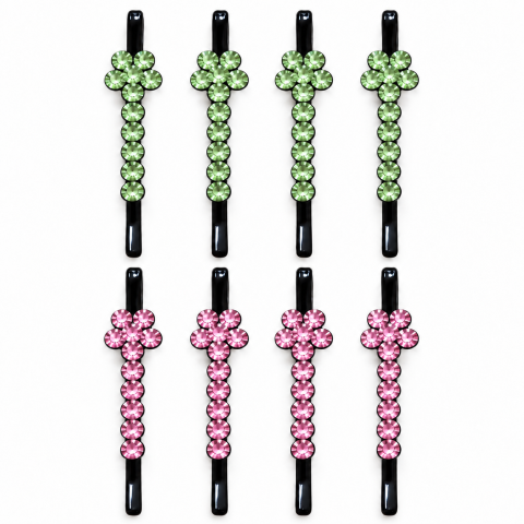 CASA & GRADINA - Agrafe verde deschis si roz 5 x 1 cm pentru par cu pietre artificiale, set 8, 4 verde deschis si 4 roz, model floral pentru coc, suvite si coafuri