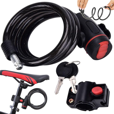 SPORT ȘI ACTIVITĂȚI - Antifurt bicicleta cu cheie, cablu din otel 120 cm, suport de montare pe cadru inclus, invelis PVC protector, sistem blocare rapida, negru