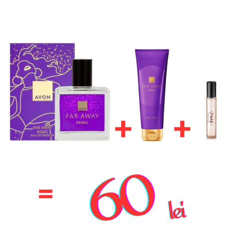 CADOURI - Apa de parfum Far Away Rebel 30 ml cu loțiune de corp Far Away Rebel 125 ml și miniparfum Rebel 8 ml – set complet pentru femei, cu aromă fructat-orientală persistentă