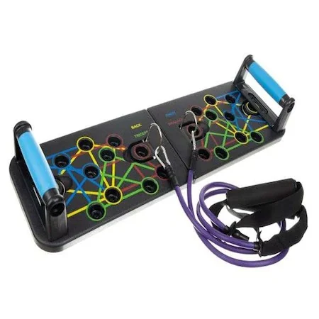 SPORT ȘI ACTIVITĂȚI - Aparat multifunctional pentru flotari cu 2 corzi de rezistenta, placa pliabila pentru antrenament complet, manere ergonomice, sistem codificat pe culori
