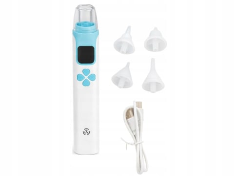 MAMA ȘI COPILUL - Aspirator nazal electric alb albastru 18.5 x 4 cm, pentru bebelusi si copii, reincarcabil USB, afisaj digital, 4 capete, trepte aspiratie si muzica