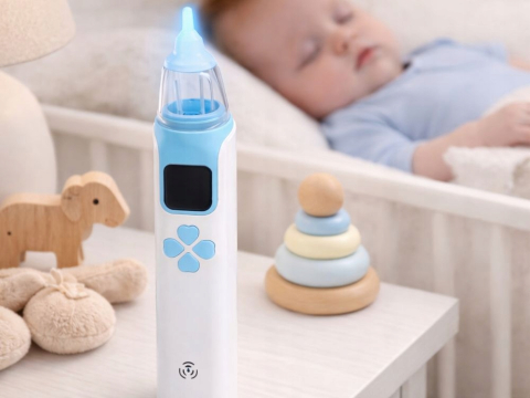 Aspirator nazal electric alb albastru 18.5 x 4 cm, pentru bebelusi si copii, reincarcabil USB, afisaj digital, 4 capete, trepte aspiratie si muzica [7]