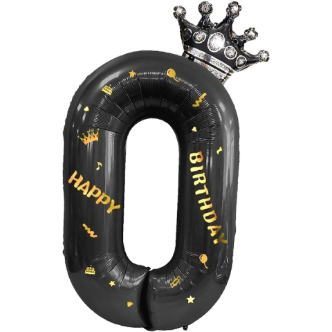 CASA & GRADINA - Balon folie cifra 0 cu coroana Happy Birthday 100 cm, negru, umflare aer sau heliu, aniversare decor petrecere