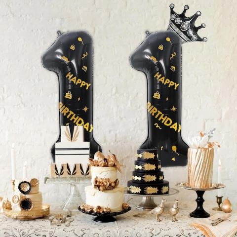 Balon folie cifra 1 cu coroana Happy Birthday 100 cm, negru, umflare aer sau heliu, aniversare decor petrecere [4]