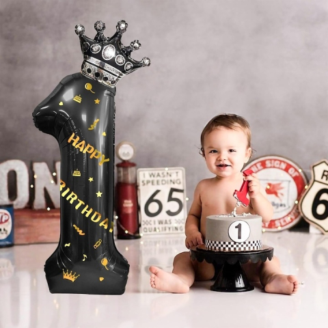 Balon folie cifra 1 cu coroana Happy Birthday 100 cm, negru, umflare aer sau heliu, aniversare decor petrecere [1]