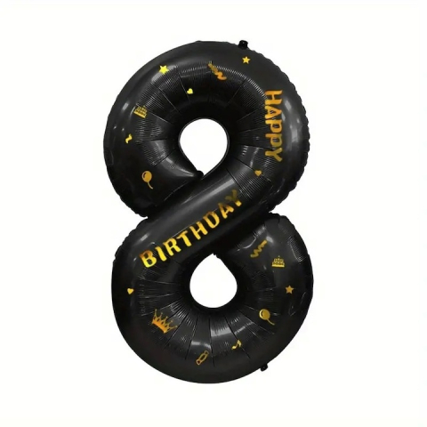 Balon folie cifra 8 cu coroana Happy Birthday 100 cm, negru, umflare aer sau heliu, aniversare decor petrecere [1]