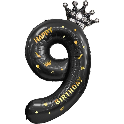 CASA & GRADINA - Balon folie cifra 9 cu coroana Happy Birthday 100 cm, negru, umflare aer sau heliu, aniversare decor petrecere