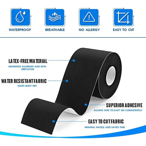 Banda kinesiologica neagra 5 cm x 4.9 m, impermeabila si elastica, suport muscular si articular pentru sport, fitness si recuperare [3]