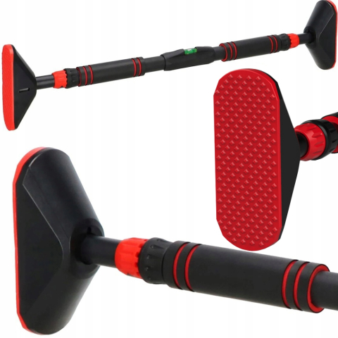 SPORT ȘI ACTIVITĂȚI - Bara tractiuni, negru cu rosu 68.5-100 cm, telescopica reglabila pentru usa, cu nivela integrata, manere buretate si suprafete antiderapante pentru antrenament