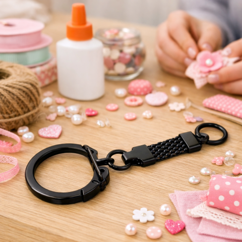 Baza breloc negru cu carabina si inel rotund pentru chei, accesorii handmade, genti si portofele, 6.5 cm [1]