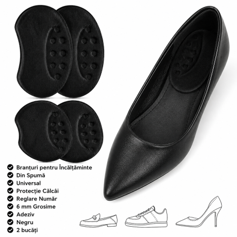 Branturi pentru Incaltaminte, din Spuma, Universal, Protectie Calcai, Reglare Numar, 6 mm Grosime, Adeziv, Negru [1]