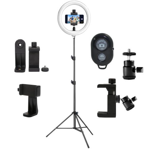 ECHIPAMENTE FOTO - Pachet vlogging pentru telefon cu trepied reglabil 200 cm, ring light LED cu telecomanda, suport telefon rotativ 360°, brat metalic cu hot shoe si telecomanda Bluetooth pentru filmari si fotografii
