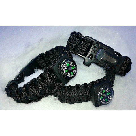 Bratara de supravietuire multifunctionala cu busola, cutit, fluier, snur paracord si cremene, inchidere cu clips, negru - gri – accesoriu compact pentru drumetii si situatii de urgenta [1]