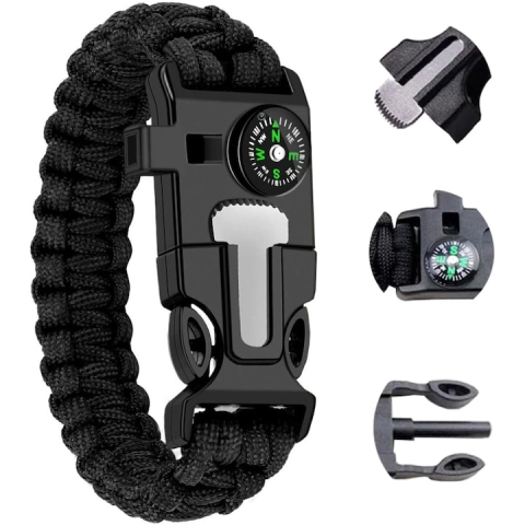 Bratara de supravietuire multifunctionala cu cutit, fluier, busola, bricheta si coarda paracord, negru – accesoriu compact pentru drumetii, camping si situatii de urgenta [2]