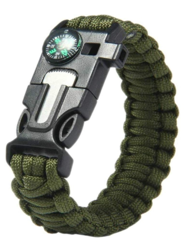 SPORT ȘI ACTIVITĂȚI - Bratara paracord multifunctionala supravietuire cu busola, fluier si aprinzator foc, 26 cm, kaki, demontabila