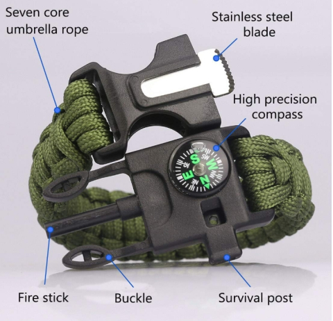 Bratara paracord multifunctionala supravietuire cu busola, fluier si aprinzator foc, 26 cm, kaki, demontabila [2]