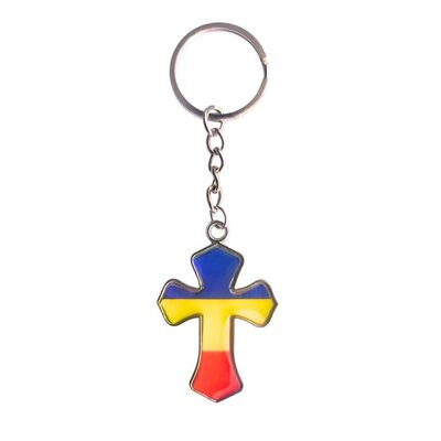 Breloc argintiu 10,3 cm cu cruce tricolor 2,1 x 3,4 cm, port chei din otel inoxidabil cu steagul Romaniei pentru femei si barbati, cadou patriotic [1]
