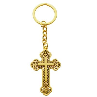 CASA & GRADINA - Breloc auriu 10,8 cm cu cruce 5,4 x 3,2 cm, aliaj metalic patinat filigranat, port chei crestin pentru barbati si femei sau marturii botez