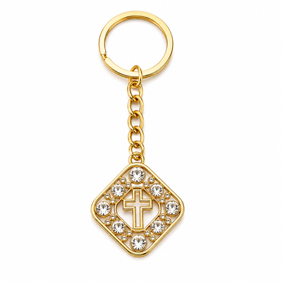 CASA & GRADINA - Breloc auriu 9,3 cm cu cruce si pietre artificiale, pandantiv romb 2,7 x 2,7 cm, lant 3,2 cm, inel 2,8 cm, port chei si marturii botez