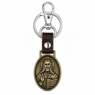 CASA & GRADINA - Breloc bronz antichizat 9, 1 cm cu Iisus Hristos pe o fata si Maica Domnului cu Iisus Hristos pe cealalta, pandantiv 2, 7 x 2, 7 cm, carabina 3, 6 cm, inel 3 cm