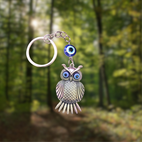 Breloc bufnita, ochi al protectiei si noroc, inox, argintiu [3]