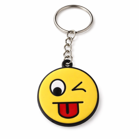 Breloc chei emoticon haios cu limba scoasa, metalic, galben, 9.8 x 3.8 cm, inel 2.6 cm, accesoriu decorativ