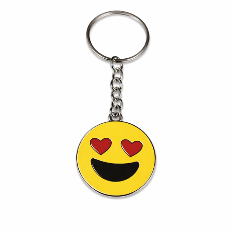 CASA & GRADINA - Breloc chei emoticon indragostit, ochi inimioara, metalic, galben, 9.8 x 3.8 cm, inel 2.6 cm, accesoriu decorativ