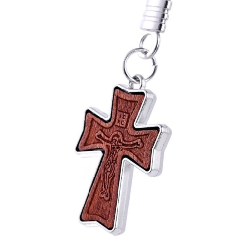 Breloc crestin maro 9.5 cm, cruce lemn 3.5 x 2.2 cm incrustata cu imaginea lui Isus, accesoriu religios cu inel metalic pentru chei, geanta si rucsac [5]