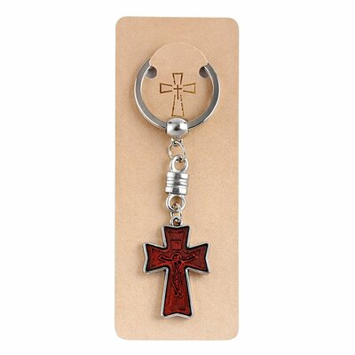 CASA & GRADINA - Breloc crestin maro 9.5 cm, cruce lemn 3.5 x 2.2 cm incrustata cu imaginea lui Isus, accesoriu religios cu inel metalic pentru chei, geanta si rucsac