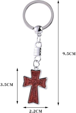 Breloc crestin maro 9.5 cm, cruce lemn 3.5 x 2.2 cm incrustata cu imaginea lui Isus, accesoriu religios cu inel metalic pentru chei, geanta si rucsac [4]