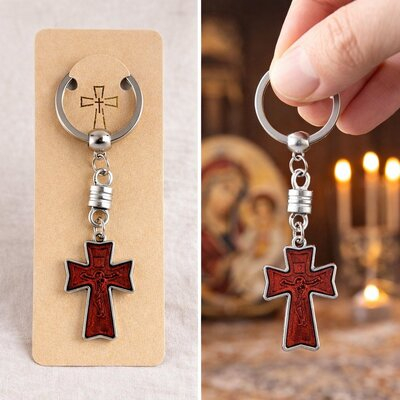 Breloc crestin maro 9.5 cm, cruce lemn 3.5 x 2.2 cm incrustata cu imaginea lui Isus, accesoriu religios cu inel metalic pentru chei, geanta si rucsac [2]