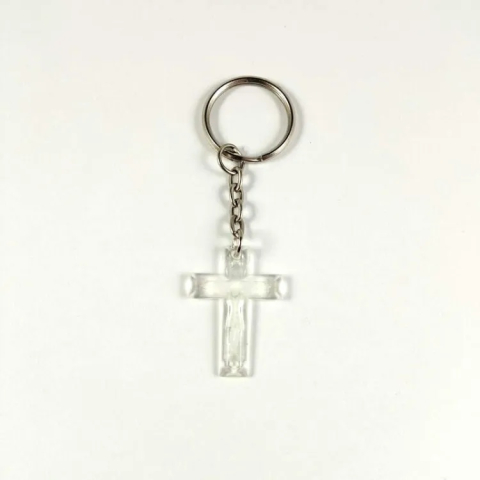 Breloc cu cruce din plastic transparent, cu gravura si inel metalic argintiu, 8 x 2 cm [3]