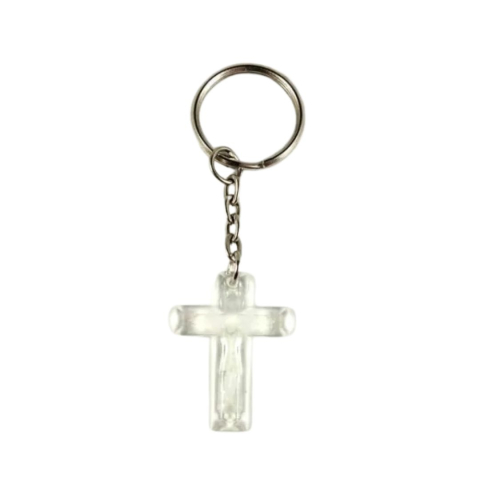 CADOURI - Breloc cu cruce din plastic transparent, cu gravura si inel metalic argintiu, 8 x 2 cm