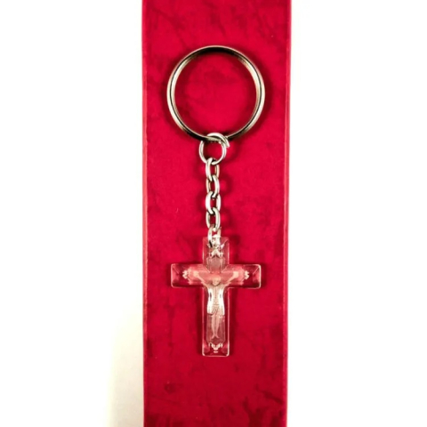 Breloc cu cruce din plastic transparent, cu gravura si inel metalic argintiu, 8 x 2 cm [2]