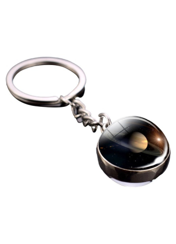 Breloc - Breloc fosforescent cu planeta Saturn, metal si sticla, efect luminos in intuneric, pandantiv pentru chei, geanta si rucsac, argintiu