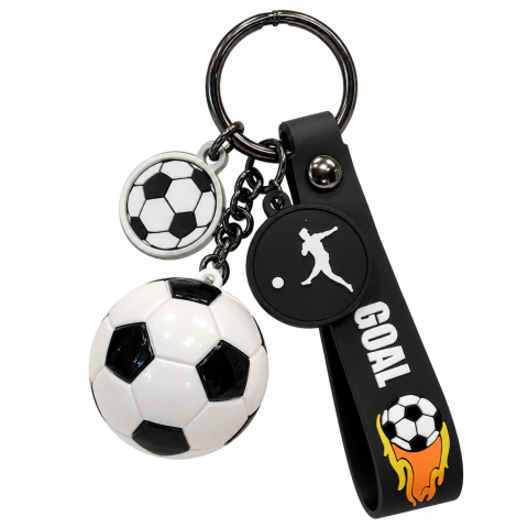 Breloc fotbal alb-negru cu minge 3D si pandantive decorative, curea flexibila, cutie cadou [3]