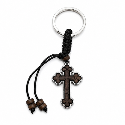 Breloc - Breloc maro-argintiu 9 cm cu cruce 4 x 2,4 cm, grosime 4 mm, inel 2,9 cm, snur negru cu margele, accesoriu crestin pentru chei si marturii botez