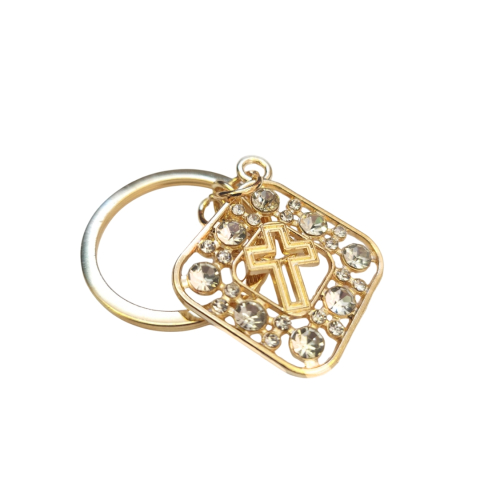 Breloc - Breloc metalic auriu forma romb cu cruce decorativa si pietricele stralucitoare, 27 x 27 mm