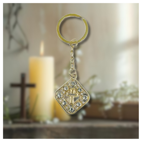 Breloc metalic auriu forma romb cu cruce decorativa si pietricele stralucitoare, 27 x 27 mm [3]