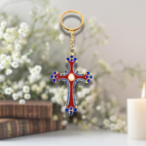 Breloc metalic auriu model cruce si elemente colorate, 120 x 45 mm [1]