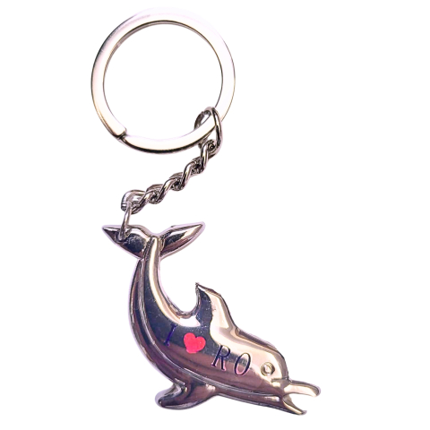 Breloc - Breloc metalic cu delfin si mesaj I Love RO, argintiu, din otel inoxidabil