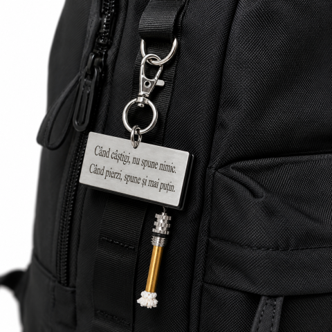 Breloc metalic gravat "Cand castigi, nu spune nimic. Cand pierzi, spune si mai putin.", accesoriu multifunctional cu fitil, argintiu, pentru chei, geanta, rucsac si activitati outdoor [1]