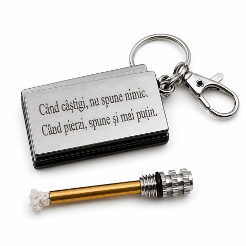CASA & GRADINA - Breloc metalic gravat "Cand castigi, nu spune nimic. Cand pierzi, spune si mai putin.", accesoriu multifunctional cu fitil, argintiu, pentru chei, geanta, rucsac si activitati outdoor