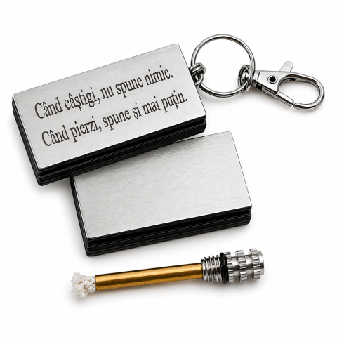Breloc metalic gravat "Cand castigi, nu spune nimic. Cand pierzi, spune si mai putin.", accesoriu multifunctional cu fitil, argintiu, pentru chei, geanta, rucsac si activitati outdoor [2]