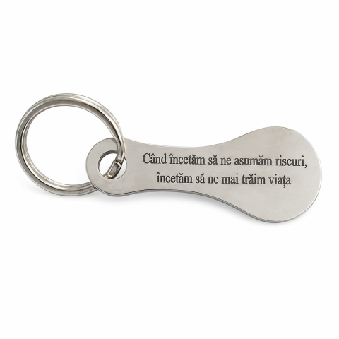 Breloc metalic gravat "Cand incetam sa ne asumam riscuri, incetam sa ne mai traim viata", argintiu, accesoriu pentru chei, geanta si rucsac, cadou inspirational [3]
