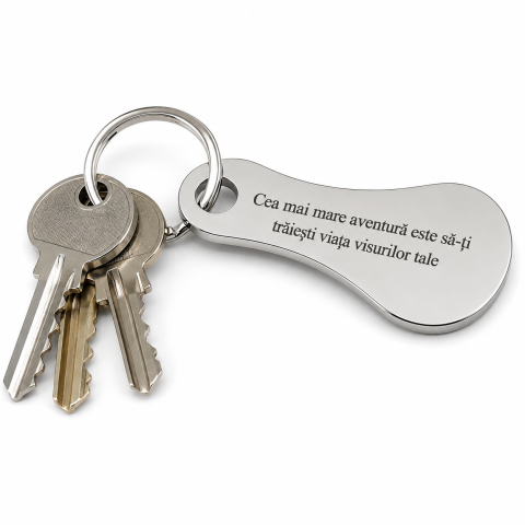 Breloc metalic gravat "Cea mai mare aventura este sa-ti traiesti viata visurilor tale", cu mesaj motivational, argintiu, accesoriu pentru chei, rucsac si geanta [2]