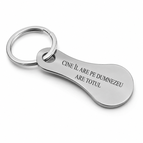 Breloc metalic gravat "Cine Il Are Pe Dumnezeu Are Totul", argintiu, cu inel metalic, mesaj motivational crestin, cadou pentru familie, prieteni si persoane dragi [4]