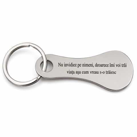 Breloc - Breloc metalic gravat "Nu invidiez pe nimeni, deoarece imi voi trai viata asa cum vreau s-o traiesc" cu mesaj motivational, argintiu, accesoriu pentru chei, geanta, rucsac si carucior de cumparaturi